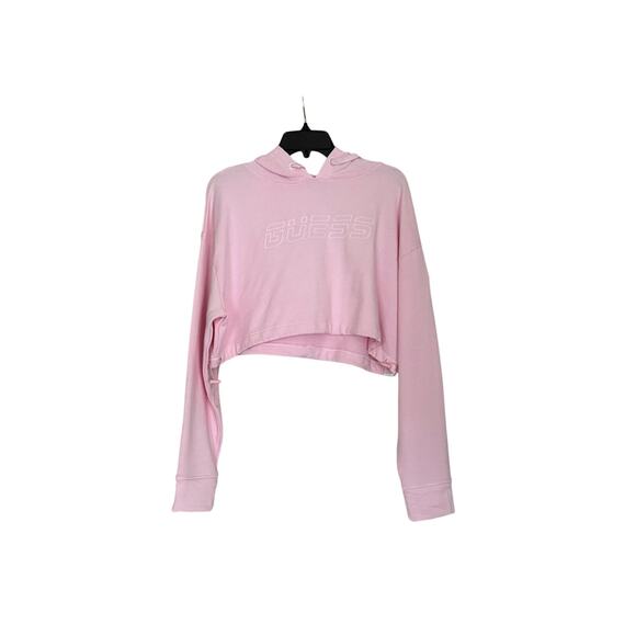 Guess Logo Cropped Hooded Sweatshirt Size S Reflective Long Sleeved pink - Picture 2 of 6